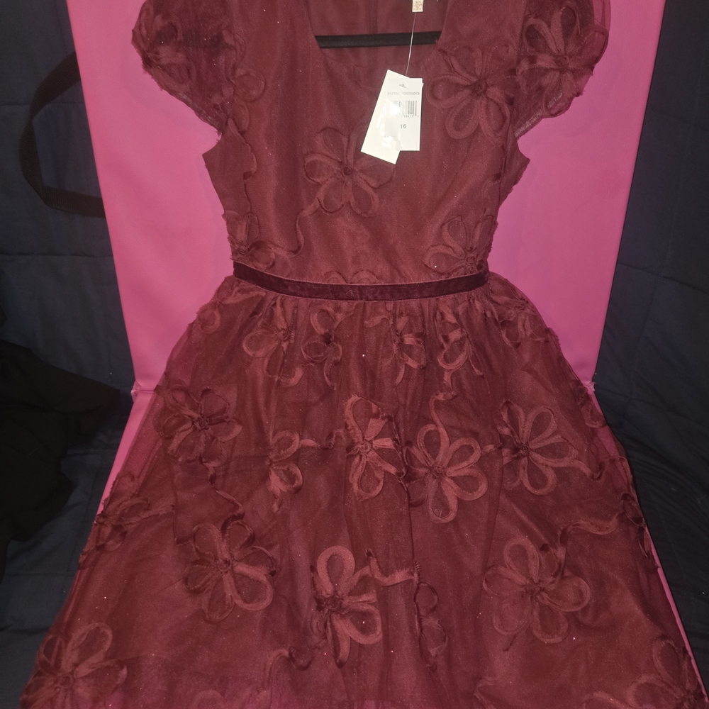 Kensie Girl Burgundy Floral Appliqué Party Dress